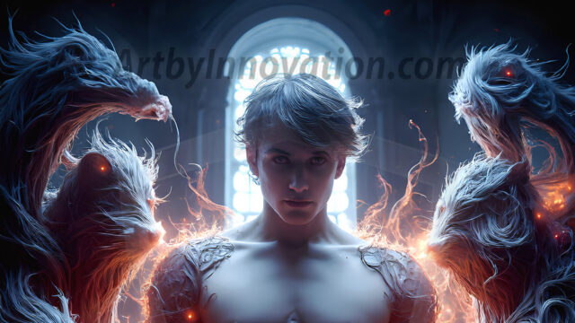 AI male art photos with a fantastical atmosphere. Imagine a Hogwarts School of Witchcraft student, from the Harry Potter series, a handsome, beautiful, and attractive, shirtless young teenage boy, standing firm against a threat. With a detailed Hogwarts castle background, casting a powerful spell, conjuring creatures based on their assigned house crest. From Demonic snakes, powerful lions, fierce badgers, or a murder of Crows. Dementors floating ominously in a cloudy sky, and sparks, shadows, and cinematic lighting, offering an otherworldly vibe.
