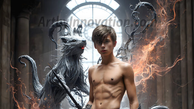 AI male art photos with a fantastical atmosphere. Imagine a Hogwarts School of Witchcraft student, from the Harry Potter series, a handsome, beautiful, and attractive, shirtless young teenage boy, standing firm against a threat. With a detailed Hogwarts castle background, casting a powerful spell, conjuring creatures based on their assigned house crest. From Demonic snakes, powerful lions, fierce badgers, or a murder of Crows. Dementors floating ominously in a cloudy sky, and sparks, shadows, and cinematic lighting, offering an otherworldly vibe.