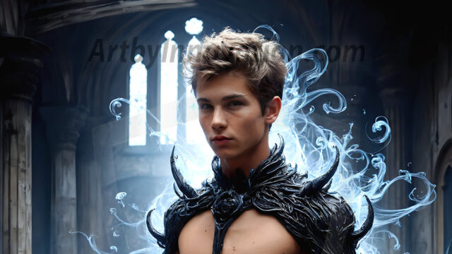 AI male art photos with a fantastical atmosphere. Imagine a Hogwarts School of Witchcraft student, from the Harry Potter series, a handsome, beautiful, and attractive, shirtless young teenage boy, standing firm against a threat. With a detailed Hogwarts castle background, casting a powerful spell, conjuring creatures based on their assigned house crest. From Demonic snakes, powerful lions, fierce badgers, or a murder of Crows. Dementors floating ominously in a cloudy sky, and sparks, shadows, and cinematic lighting, offering an otherworldly vibe.