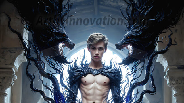 AI male art photos with a fantastical atmosphere. Imagine a Hogwarts School of Witchcraft student, from the Harry Potter series, a handsome, beautiful, and attractive, shirtless young teenage boy, standing firm against a threat. With a detailed Hogwarts castle background, casting a powerful spell, conjuring creatures based on their assigned house crest. From Demonic snakes, powerful lions, fierce badgers, or a murder of Crows. Dementors floating ominously in a cloudy sky, and sparks, shadows, and cinematic lighting, offering an otherworldly vibe.