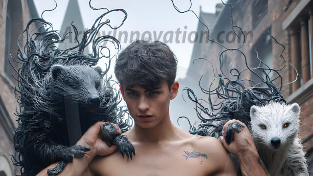 AI male art photos with a fantastical atmosphere. Imagine a Hogwarts School of Witchcraft student, from the Harry Potter series, a handsome, beautiful, and attractive, shirtless young teenage boy, standing firm against a threat. With a detailed Hogwarts castle background, casting a powerful spell, conjuring creatures based on their assigned house crest. From Demonic snakes, powerful lions, fierce badgers, or a murder of Crows. Dementors floating ominously in a cloudy sky, and sparks, shadows, and cinematic lighting, offering an otherworldly vibe.