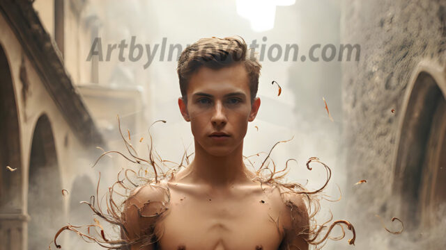 AI male art photos with a fantastical atmosphere. Imagine a Hogwarts School of Witchcraft student, from the Harry Potter series, a handsome, beautiful, and attractive, shirtless young teenage boy, standing firm against a threat. With a detailed Hogwarts castle background, casting a powerful spell, conjuring creatures based on their assigned house crest. From Demonic snakes, powerful lions, fierce badgers, or a murder of Crows. Dementors floating ominously in a cloudy sky, and sparks, shadows, and cinematic lighting, offering an otherworldly vibe.