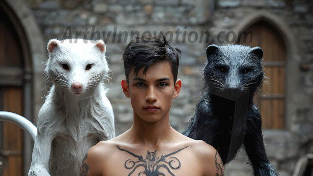 AI male art photos with a fantastical atmosphere. Imagine a Hogwarts School of Witchcraft student, from the Harry Potter series, a handsome, beautiful, and attractive, shirtless young teenage boy, standing firm against a threat. With a detailed Hogwarts castle background, casting a powerful spell, conjuring creatures based on their assigned house crest. From Demonic snakes, powerful lions, fierce badgers, or a murder of Crows. Dementors floating ominously in a cloudy sky, and sparks, shadows, and cinematic lighting, offering an otherworldly vibe.