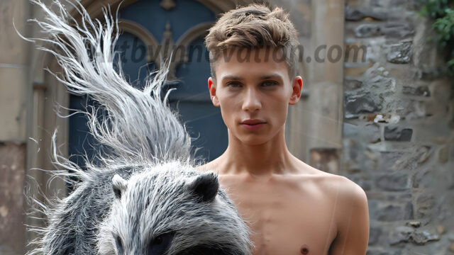 AI male art photos with a fantastical atmosphere. Imagine a Hogwarts School of Witchcraft student, from the Harry Potter series, a handsome, beautiful, and attractive, shirtless young teenage boy, standing firm against a threat. With a detailed Hogwarts castle background, casting a powerful spell, conjuring creatures based on their assigned house crest. From Demonic snakes, powerful lions, fierce badgers, or a murder of Crows. Dementors floating ominously in a cloudy sky, and sparks, shadows, and cinematic lighting, offering an otherworldly vibe.