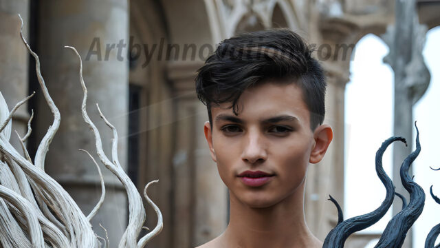 AI male art photos with a fantastical atmosphere. Imagine a Hogwarts School of Witchcraft student, from the Harry Potter series, a handsome, beautiful, and attractive, shirtless young teenage boy, standing firm against a threat. With a detailed Hogwarts castle background, casting a powerful spell, conjuring creatures based on their assigned house crest. From Demonic snakes, powerful lions, fierce badgers, or a murder of Crows. Dementors floating ominously in a cloudy sky, and sparks, shadows, and cinematic lighting, offering an otherworldly vibe.