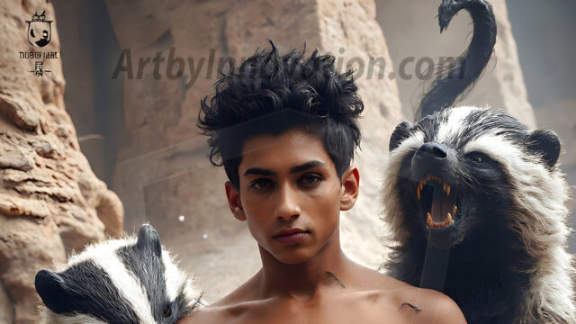 AI male art photos with a fantastical atmosphere. Imagine a Hogwarts School of Witchcraft student, from the Harry Potter series, a handsome, beautiful, and attractive, shirtless young teenage boy, standing firm against a threat. With a detailed Hogwarts castle background, casting a powerful spell, conjuring creatures based on their assigned house crest. From Demonic snakes, powerful lions, fierce badgers, or a murder of Crows. Dementors floating ominously in a cloudy sky, and sparks, shadows, and cinematic lighting, offering an otherworldly vibe.