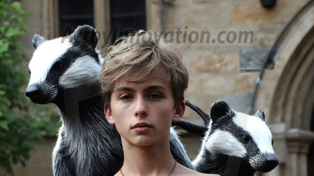 AI male art photos with a fantastical atmosphere. Imagine a Hogwarts School of Witchcraft student, from the Harry Potter series, a handsome, beautiful, and attractive, shirtless young teenage boy, standing firm against a threat. With a detailed Hogwarts castle background, casting a powerful spell, conjuring creatures based on their assigned house crest. From Demonic snakes, powerful lions, fierce badgers, or a murder of Crows. Dementors floating ominously in a cloudy sky, and sparks, shadows, and cinematic lighting, offering an otherworldly vibe.