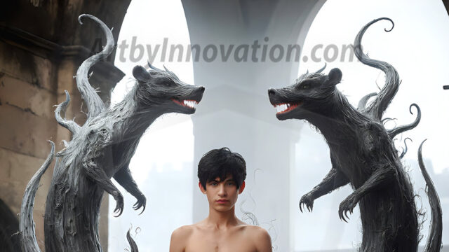 AI male art photos with a fantastical atmosphere. Imagine a Hogwarts School of Witchcraft student, from the Harry Potter series, a handsome, beautiful, and attractive, shirtless young teenage boy, standing firm against a threat. With a detailed Hogwarts castle background, casting a powerful spell, conjuring creatures based on their assigned house crest. From Demonic snakes, powerful lions, fierce badgers, or a murder of Crows. Dementors floating ominously in a cloudy sky, and sparks, shadows, and cinematic lighting, offering an otherworldly vibe.