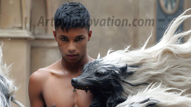 AI male art photos with a fantastical atmosphere. Imagine a Hogwarts School of Witchcraft student, from the Harry Potter series, a handsome, beautiful, and attractive, shirtless young teenage boy, standing firm against a threat. With a detailed Hogwarts castle background, casting a powerful spell, conjuring creatures based on their assigned house crest. From Demonic snakes, powerful lions, fierce badgers, or a murder of Crows. Dementors floating ominously in a cloudy sky, and sparks, shadows, and cinematic lighting, offering an otherworldly vibe.