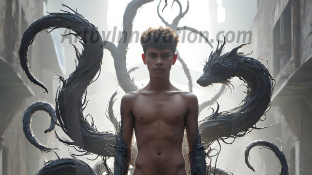 AI male art photos with a fantastical atmosphere. Imagine a Hogwarts School of Witchcraft student, from the Harry Potter series, a handsome, beautiful, and attractive, shirtless young teenage boy, standing firm against a threat. With a detailed Hogwarts castle background, casting a powerful spell, conjuring creatures based on their assigned house crest. From Demonic snakes, powerful lions, fierce badgers, or a murder of Crows. Dementors floating ominously in a cloudy sky, and sparks, shadows, and cinematic lighting, offering an otherworldly vibe.