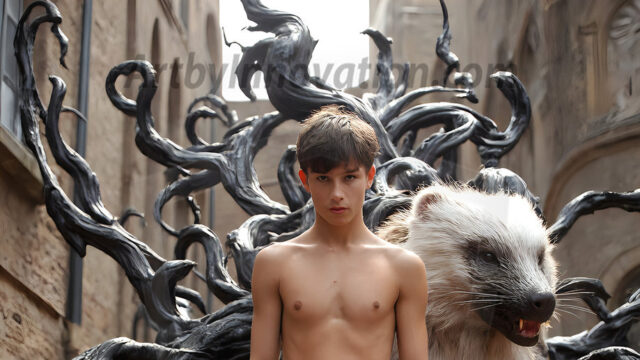 AI male art photos with a fantastical atmosphere. Imagine a Hogwarts School of Witchcraft student, from the Harry Potter series, a handsome, beautiful, and attractive, shirtless young teenage boy, standing firm against a threat. With a detailed Hogwarts castle background, casting a powerful spell, conjuring creatures based on their assigned house crest. From Demonic snakes, powerful lions, fierce badgers, or a murder of Crows. Dementors floating ominously in a cloudy sky, and sparks, shadows, and cinematic lighting, offering an otherworldly vibe.