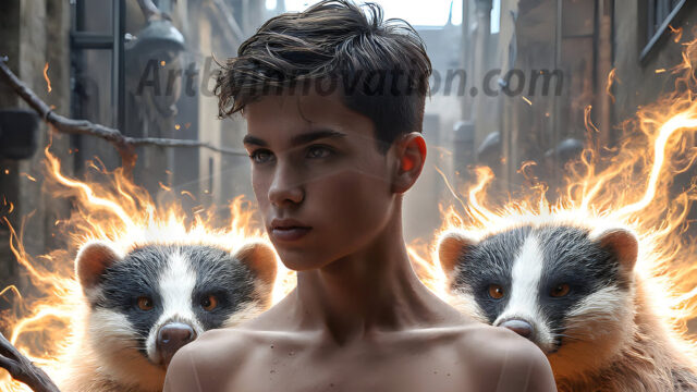 AI male art photos with a fantastical atmosphere. Imagine a Hogwarts School of Witchcraft student, from the Harry Potter series, a handsome, beautiful, and attractive, shirtless young teenage boy, standing firm against a threat. With a detailed Hogwarts castle background, casting a powerful spell, conjuring creatures based on their assigned house crest. From Demonic snakes, powerful lions, fierce badgers, or a murder of Crows. Dementors floating ominously in a cloudy sky, and sparks, shadows, and cinematic lighting, offering an otherworldly vibe.