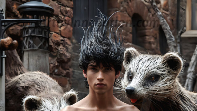 AI male art photos with a fantastical atmosphere. Imagine a Hogwarts School of Witchcraft student, from the Harry Potter series, a handsome, beautiful, and attractive, shirtless young teenage boy, standing firm against a threat. With a detailed Hogwarts castle background, casting a powerful spell, conjuring creatures based on their assigned house crest. From Demonic snakes, powerful lions, fierce badgers, or a murder of Crows. Dementors floating ominously in a cloudy sky, and sparks, shadows, and cinematic lighting, offering an otherworldly vibe.