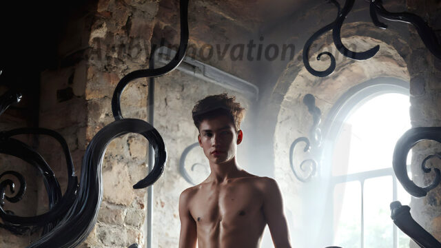 AI male art photos with a fantastical atmosphere. Imagine a Hogwarts School of Witchcraft student, from the Harry Potter series, a handsome, beautiful, and attractive, shirtless young teenage boy, standing firm against a threat. With a detailed Hogwarts castle background, casting a powerful spell, conjuring creatures based on their assigned house crest. From Demonic snakes, powerful lions, fierce badgers, or a murder of Crows. Dementors floating ominously in a cloudy sky, and sparks, shadows, and cinematic lighting, offering an otherworldly vibe.