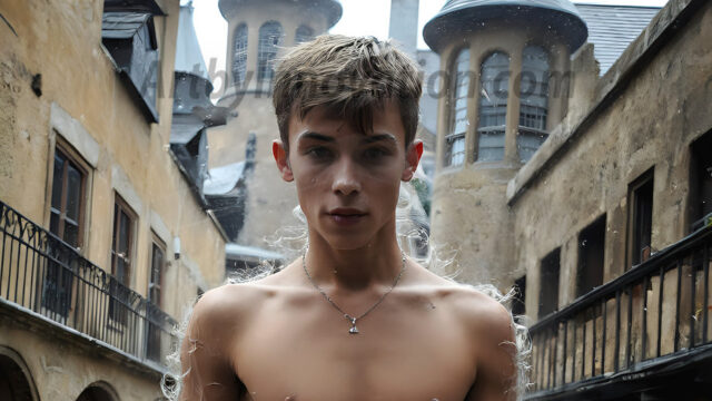 AI male art photos with a fantastical atmosphere. Imagine a Hogwarts School of Witchcraft student, from the Harry Potter series, a handsome, beautiful, and attractive, shirtless young teenage boy, standing firm against a threat. With a detailed Hogwarts castle background, casting a powerful spell, conjuring creatures based on their assigned house crest. From Demonic snakes, powerful lions, fierce badgers, or a murder of Crows. Dementors floating ominously in a cloudy sky, and sparks, shadows, and cinematic lighting, offering an otherworldly vibe.