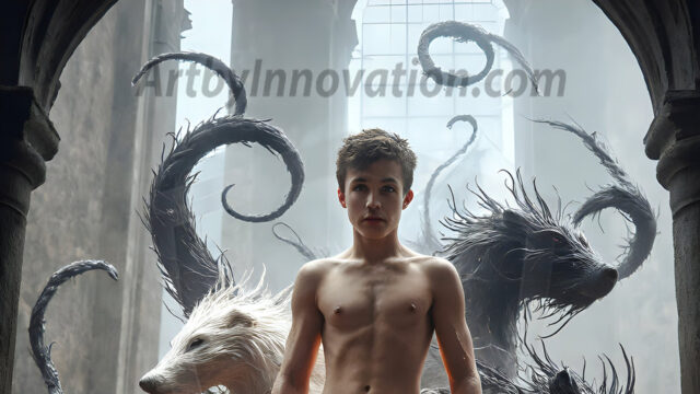 AI male art photos with a fantastical atmosphere. Imagine a Hogwarts School of Witchcraft student, from the Harry Potter series, a handsome, beautiful, and attractive, shirtless young teenage boy, standing firm against a threat. With a detailed Hogwarts castle background, casting a powerful spell, conjuring creatures based on their assigned house crest. From Demonic snakes, powerful lions, fierce badgers, or a murder of Crows. Dementors floating ominously in a cloudy sky, and sparks, shadows, and cinematic lighting, offering an otherworldly vibe.