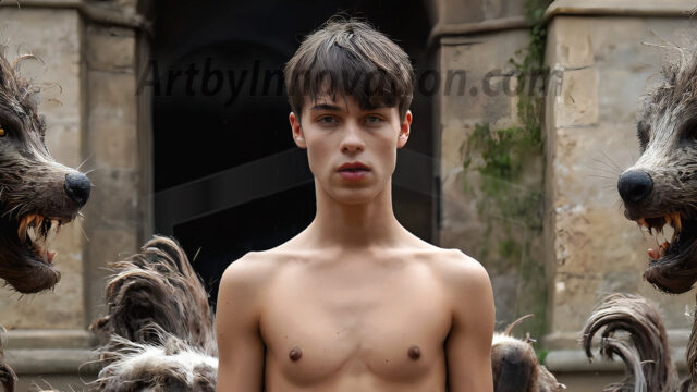 AI male art photos with a fantastical atmosphere. Imagine a Hogwarts School of Witchcraft student, from the Harry Potter series, a handsome, beautiful, and attractive, shirtless young teenage boy, standing firm against a threat. With a detailed Hogwarts castle background, casting a powerful spell, conjuring creatures based on their assigned house crest. From Demonic snakes, powerful lions, fierce badgers, or a murder of Crows. Dementors floating ominously in a cloudy sky, and sparks, shadows, and cinematic lighting, offering an otherworldly vibe.