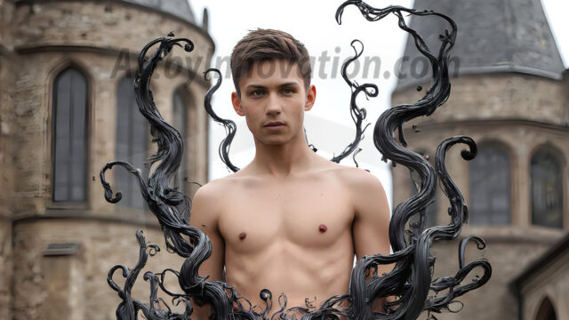 AI male art photos with a fantastical atmosphere. Imagine a Hogwarts School of Witchcraft student, from the Harry Potter series, a handsome, beautiful, and attractive, shirtless young teenage boy, standing firm against a threat. With a detailed Hogwarts castle background, casting a powerful spell, conjuring creatures based on their assigned house crest. From Demonic snakes, powerful lions, fierce badgers, or a murder of Crows. Dementors floating ominously in a cloudy sky, and sparks, shadows, and cinematic lighting, offering an otherworldly vibe.