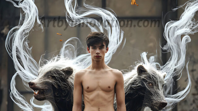 AI male art photos with a fantastical atmosphere. Imagine a Hogwarts School of Witchcraft student, from the Harry Potter series, a handsome, beautiful, and attractive, shirtless young teenage boy, standing firm against a threat. With a detailed Hogwarts castle background, casting a powerful spell, conjuring creatures based on their assigned house crest. From Demonic snakes, powerful lions, fierce badgers, or a murder of Crows. Dementors floating ominously in a cloudy sky, and sparks, shadows, and cinematic lighting, offering an otherworldly vibe.