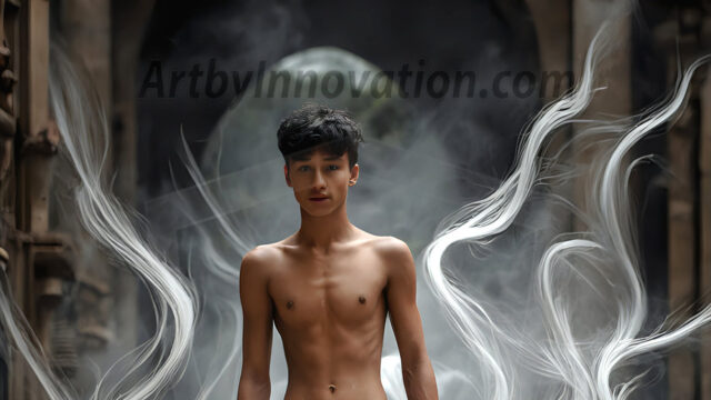 AI male art photos with a fantastical atmosphere. Imagine a Hogwarts School of Witchcraft student, from the Harry Potter series, a handsome, beautiful, and attractive, shirtless young teenage boy, standing firm against a threat. With a detailed Hogwarts castle background, casting a powerful spell, conjuring creatures based on their assigned house crest. From Demonic snakes, powerful lions, fierce badgers, or a murder of Crows. Dementors floating ominously in a cloudy sky, and sparks, shadows, and cinematic lighting, offering an otherworldly vibe.