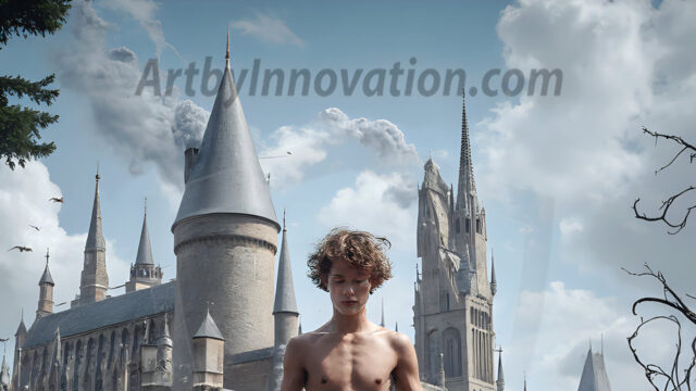 AI male art photos with a fantastical atmosphere. Imagine a Hogwarts School of Witchcraft student, from the Harry Potter series, a handsome, beautiful, and attractive, shirtless young teenage boy, standing firm against a threat. With a detailed Hogwarts castle background, casting a powerful spell, conjuring creatures based on their assigned house crest. From Demonic snakes, powerful lions, fierce badgers, or a murder of Crows. Dementors floating ominously in a cloudy sky, and sparks, shadows, and cinematic lighting, offering an otherworldly vibe.