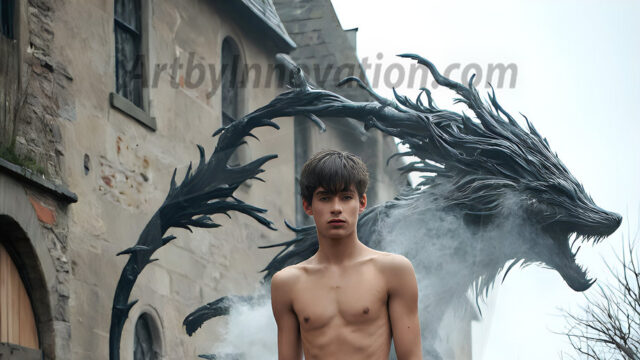 AI male art photos with a fantastical atmosphere. Imagine a Hogwarts School of Witchcraft student, from the Harry Potter series, a handsome, beautiful, and attractive, shirtless young teenage boy, standing firm against a threat. With a detailed Hogwarts castle background, casting a powerful spell, conjuring creatures based on their assigned house crest. From Demonic snakes, powerful lions, fierce badgers, or a murder of Crows. Dementors floating ominously in a cloudy sky, and sparks, shadows, and cinematic lighting, offering an otherworldly vibe.