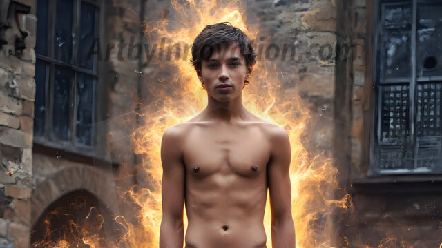 AI male art photos with a fantastical atmosphere. Imagine a Hogwarts School of Witchcraft student, from the Harry Potter series, a handsome, beautiful, and attractive, shirtless young teenage boy, standing firm against a threat. With a detailed Hogwarts castle background, casting a powerful spell, conjuring creatures based on their assigned house crest. From Demonic snakes, powerful lions, fierce badgers, or a murder of Crows. Dementors floating ominously in a cloudy sky, and sparks, shadows, and cinematic lighting, offering an otherworldly vibe.