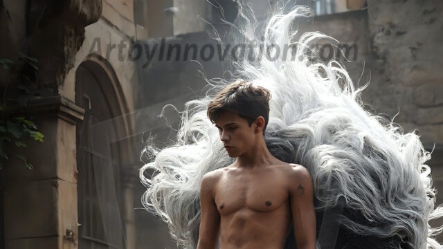 AI male art photos with a fantastical atmosphere. Imagine a Hogwarts School of Witchcraft student, from the Harry Potter series, a handsome, beautiful, and attractive, shirtless young teenage boy, standing firm against a threat. With a detailed Hogwarts castle background, casting a powerful spell, conjuring creatures based on their assigned house crest. From Demonic snakes, powerful lions, fierce badgers, or a murder of Crows. Dementors floating ominously in a cloudy sky, and sparks, shadows, and cinematic lighting, offering an otherworldly vibe.