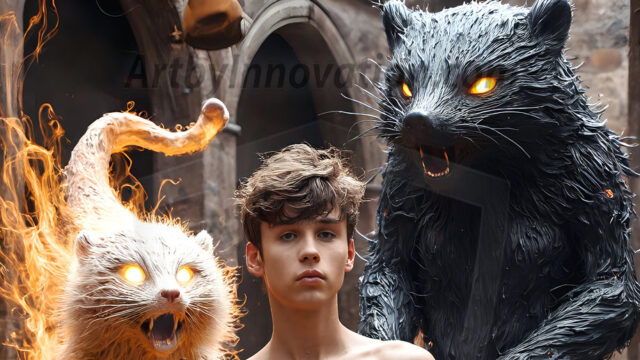 AI male art photos with a fantastical atmosphere. Imagine a Hogwarts School of Witchcraft student, from the Harry Potter series, a handsome, beautiful, and attractive, shirtless young teenage boy, standing firm against a threat. With a detailed Hogwarts castle background, casting a powerful spell, conjuring creatures based on their assigned house crest. From Demonic snakes, powerful lions, fierce badgers, or a murder of Crows. Dementors floating ominously in a cloudy sky, and sparks, shadows, and cinematic lighting, offering an otherworldly vibe.