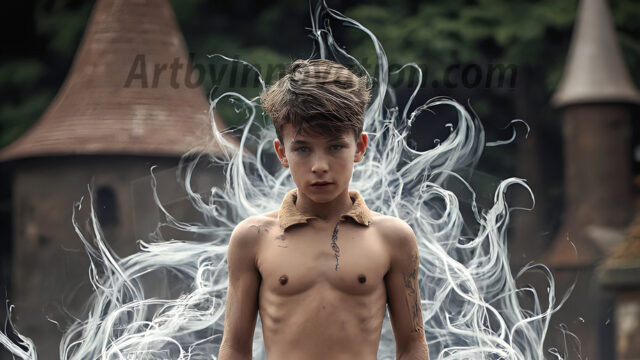 AI male art photos with a fantastical atmosphere. Imagine a Hogwarts School of Witchcraft student, from the Harry Potter series, a handsome, beautiful, and attractive, shirtless young teenage boy, standing firm against a threat. With a detailed Hogwarts castle background, casting a powerful spell, conjuring creatures based on their assigned house crest. From Demonic snakes, powerful lions, fierce badgers, or a murder of Crows. Dementors floating ominously in a cloudy sky, and sparks, shadows, and cinematic lighting, offering an otherworldly vibe.