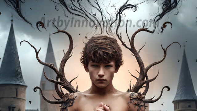 AI male art photos with a fantastical atmosphere. Imagine a Hogwarts School of Witchcraft student, from the Harry Potter series, a handsome, beautiful, and attractive, shirtless young teenage boy, standing firm against a threat. With a detailed Hogwarts castle background, casting a powerful spell, conjuring creatures based on their assigned house crest. From Demonic snakes, powerful lions, fierce badgers, or a murder of Crows. Dementors floating ominously in a cloudy sky, and sparks, shadows, and cinematic lighting, offering an otherworldly vibe.