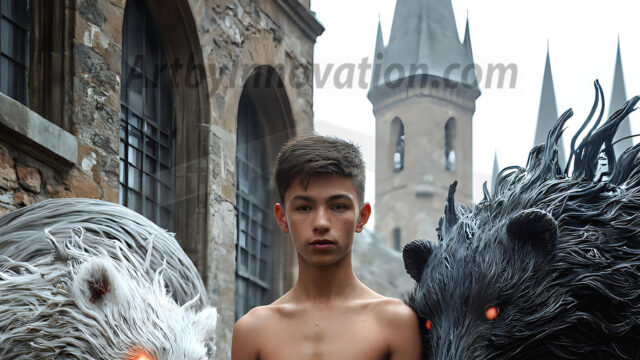 AI male art photos with a fantastical atmosphere. Imagine a Hogwarts School of Witchcraft student, from the Harry Potter series, a handsome, beautiful, and attractive, shirtless young teenage boy, standing firm against a threat. With a detailed Hogwarts castle background, casting a powerful spell, conjuring creatures based on their assigned house crest. From Demonic snakes, powerful lions, fierce badgers, or a murder of Crows. Dementors floating ominously in a cloudy sky, and sparks, shadows, and cinematic lighting, offering an otherworldly vibe.