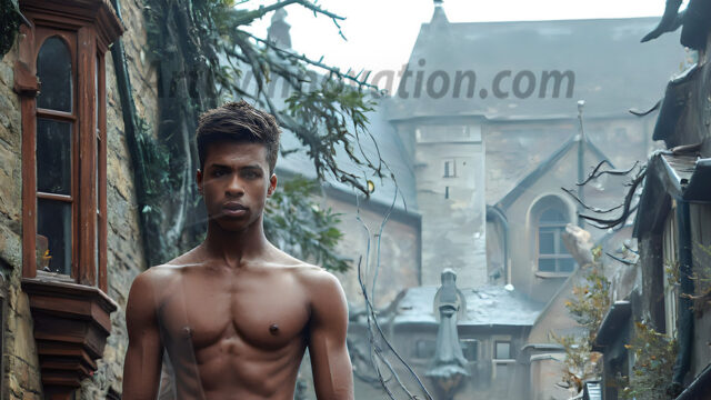 AI male art photos with a fantastical atmosphere. Imagine a Hogwarts School of Witchcraft student, from the Harry Potter series, a handsome, beautiful, and attractive, shirtless young teenage boy, standing firm against a threat. With a detailed Hogwarts castle background, casting a powerful spell, conjuring creatures based on their assigned house crest. From Demonic snakes, powerful lions, fierce badgers, or a murder of Crows. Dementors floating ominously in a cloudy sky, and sparks, shadows, and cinematic lighting, offering an otherworldly vibe.