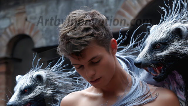 AI male art photos with a fantastical atmosphere. Imagine a Hogwarts School of Witchcraft student, from the Harry Potter series, a handsome, beautiful, and attractive, shirtless young teenage boy, standing firm against a threat. With a detailed Hogwarts castle background, casting a powerful spell, conjuring creatures based on their assigned house crest. From Demonic snakes, powerful lions, fierce badgers, or a murder of Crows. Dementors floating ominously in a cloudy sky, and sparks, shadows, and cinematic lighting, offering an otherworldly vibe.