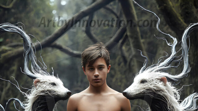 AI male art photos with a fantastical atmosphere. Imagine a Hogwarts School of Witchcraft student, from the Harry Potter series, a handsome, beautiful, and attractive, shirtless young teenage boy, standing firm against a threat. With a detailed Hogwarts castle background, casting a powerful spell, conjuring creatures based on their assigned house crest. From Demonic snakes, powerful lions, fierce badgers, or a murder of Crows. Dementors floating ominously in a cloudy sky, and sparks, shadows, and cinematic lighting, offering an otherworldly vibe.