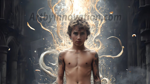 AI male art photos with a fantastical atmosphere. Imagine a Hogwarts School of Witchcraft student, from the Harry Potter series, a handsome, beautiful, and attractive, shirtless young teenage boy, standing firm against a threat. With a detailed Hogwarts castle background, casting a powerful spell, conjuring creatures based on their assigned house crest. From Demonic snakes, powerful lions, fierce badgers, or a murder of Crows. Dementors floating ominously in a cloudy sky, and sparks, shadows, and cinematic lighting, offering an otherworldly vibe.