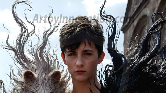 AI male art photos with a fantastical atmosphere. Imagine a Hogwarts School of Witchcraft student, from the Harry Potter series, a handsome, beautiful, and attractive, shirtless young teenage boy, standing firm against a threat. With a detailed Hogwarts castle background, casting a powerful spell, conjuring creatures based on their assigned house crest. From Demonic snakes, powerful lions, fierce badgers, or a murder of Crows. Dementors floating ominously in a cloudy sky, and sparks, shadows, and cinematic lighting, offering an otherworldly vibe.