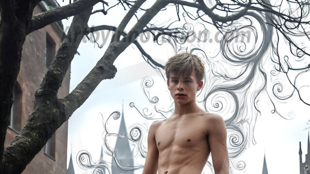 AI male art photos with a fantastical atmosphere. Imagine a Hogwarts School of Witchcraft student, from the Harry Potter series, a handsome, beautiful, and attractive, shirtless young teenage boy, standing firm against a threat. With a detailed Hogwarts castle background, casting a powerful spell, conjuring creatures based on their assigned house crest. From Demonic snakes, powerful lions, fierce badgers, or a murder of Crows. Dementors floating ominously in a cloudy sky, and sparks, shadows, and cinematic lighting, offering an otherworldly vibe.