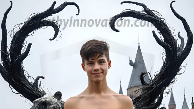 AI male art photos with a fantastical atmosphere. Imagine a Hogwarts School of Witchcraft student, from the Harry Potter series, a handsome, beautiful, and attractive, shirtless young teenage boy, standing firm against a threat. With a detailed Hogwarts castle background, casting a powerful spell, conjuring creatures based on their assigned house crest. From Demonic snakes, powerful lions, fierce badgers, or a murder of Crows. Dementors floating ominously in a cloudy sky, and sparks, shadows, and cinematic lighting, offering an otherworldly vibe.