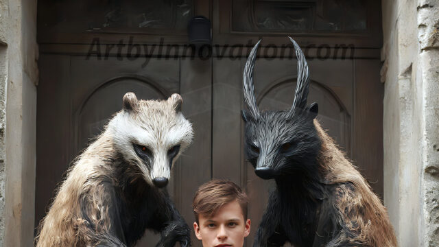 AI male art photos with a fantastical atmosphere. Imagine a Hogwarts School of Witchcraft student, from the Harry Potter series, a handsome, beautiful, and attractive, shirtless young teenage boy, standing firm against a threat. With a detailed Hogwarts castle background, casting a powerful spell, conjuring creatures based on their assigned house crest. From Demonic snakes, powerful lions, fierce badgers, or a murder of Crows. Dementors floating ominously in a cloudy sky, and sparks, shadows, and cinematic lighting, offering an otherworldly vibe.