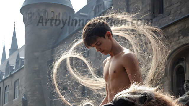 AI male art photos with a fantastical atmosphere. Imagine a Hogwarts School of Witchcraft student, from the Harry Potter series, a handsome, beautiful, and attractive, shirtless young teenage boy, standing firm against a threat. With a detailed Hogwarts castle background, casting a powerful spell, conjuring creatures based on their assigned house crest. From Demonic snakes, powerful lions, fierce badgers, or a murder of Crows. Dementors floating ominously in a cloudy sky, and sparks, shadows, and cinematic lighting, offering an otherworldly vibe.