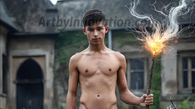 AI male art photos with a fantastical atmosphere. Imagine a Hogwarts School of Witchcraft student, from the Harry Potter series, a handsome, beautiful, and attractive, shirtless young teenage boy, standing firm against a threat. With a detailed Hogwarts castle background, casting a powerful spell, conjuring creatures based on their assigned house crest. From Demonic snakes, powerful lions, fierce badgers, or a murder of Crows. Dementors floating ominously in a cloudy sky, and sparks, shadows, and cinematic lighting, offering an otherworldly vibe.