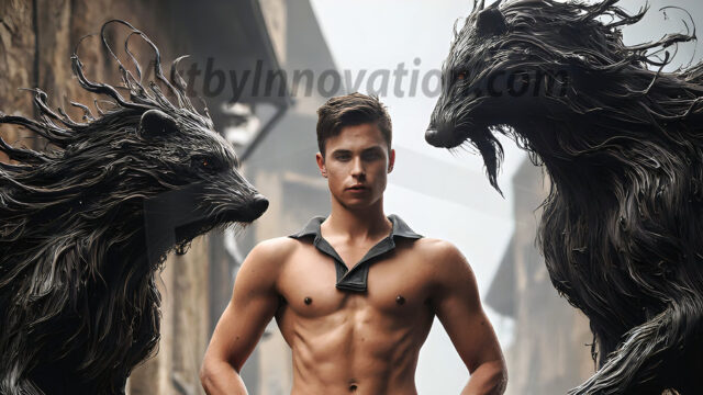 AI male art photos with a fantastical atmosphere. Imagine a Hogwarts School of Witchcraft student, from the Harry Potter series, a handsome, beautiful, and attractive, shirtless young teenage boy, standing firm against a threat. With a detailed Hogwarts castle background, casting a powerful spell, conjuring creatures based on their assigned house crest. From Demonic snakes, powerful lions, fierce badgers, or a murder of Crows. Dementors floating ominously in a cloudy sky, and sparks, shadows, and cinematic lighting, offering an otherworldly vibe.