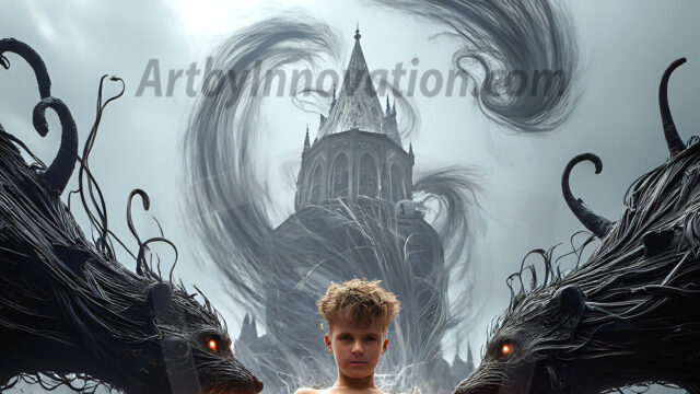 AI male art photos with a fantastical atmosphere. Imagine a Hogwarts School of Witchcraft student, from the Harry Potter series, a handsome, beautiful, and attractive, shirtless young teenage boy, standing firm against a threat. With a detailed Hogwarts castle background, casting a powerful spell, conjuring creatures based on their assigned house crest. From Demonic snakes, powerful lions, fierce badgers, or a murder of Crows. Dementors floating ominously in a cloudy sky, and sparks, shadows, and cinematic lighting, offering an otherworldly vibe.