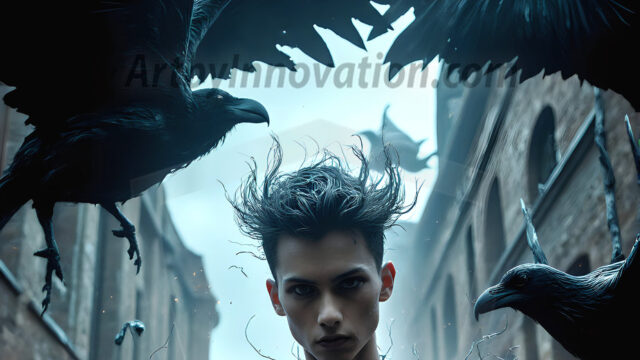 AI male art photos with a fantastical atmosphere. Imagine a Hogwarts School of Witchcraft student, from the Harry Potter series, a handsome, beautiful, and attractive, shirtless young teenage boy, standing firm against a threat. With a detailed Hogwarts castle background, casting a powerful spell, conjuring creatures based on their assigned house crest. From Demonic snakes, powerful lions, fierce badgers, or a murder of Crows. Dementors floating ominously in a cloudy sky, and sparks, shadows, and cinematic lighting, offering an otherworldly vibe.