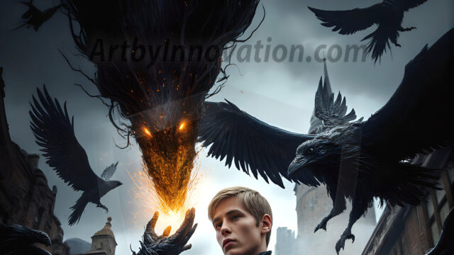 AI male art photos with a fantastical atmosphere. Imagine a Hogwarts School of Witchcraft student, from the Harry Potter series, a handsome, beautiful, and attractive, shirtless young teenage boy, standing firm against a threat. With a detailed Hogwarts castle background, casting a powerful spell, conjuring creatures based on their assigned house crest. From Demonic snakes, powerful lions, fierce badgers, or a murder of Crows. Dementors floating ominously in a cloudy sky, and sparks, shadows, and cinematic lighting, offering an otherworldly vibe.