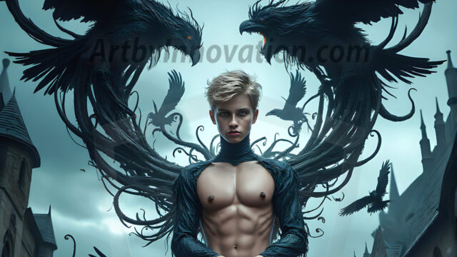 AI male art photos with a fantastical atmosphere. Imagine a Hogwarts School of Witchcraft student, from the Harry Potter series, a handsome, beautiful, and attractive, shirtless young teenage boy, standing firm against a threat. With a detailed Hogwarts castle background, casting a powerful spell, conjuring creatures based on their assigned house crest. From Demonic snakes, powerful lions, fierce badgers, or a murder of Crows. Dementors floating ominously in a cloudy sky, and sparks, shadows, and cinematic lighting, offering an otherworldly vibe.