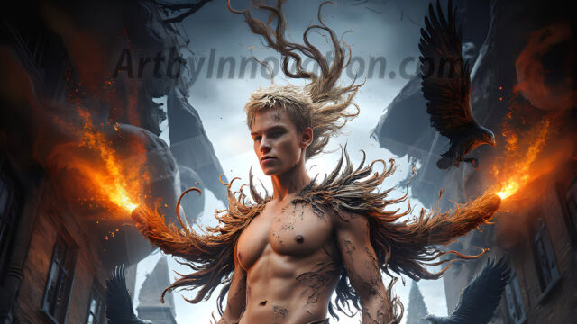 AI male art photos with a fantastical atmosphere. Imagine a Hogwarts School of Witchcraft student, from the Harry Potter series, a handsome, beautiful, and attractive, shirtless young teenage boy, standing firm against a threat. With a detailed Hogwarts castle background, casting a powerful spell, conjuring creatures based on their assigned house crest. From Demonic snakes, powerful lions, fierce badgers, or a murder of Crows. Dementors floating ominously in a cloudy sky, and sparks, shadows, and cinematic lighting, offering an otherworldly vibe.