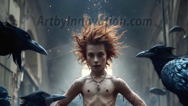 AI male art photos with a fantastical atmosphere. Imagine a Hogwarts School of Witchcraft student, from the Harry Potter series, a handsome, beautiful, and attractive, shirtless young teenage boy, standing firm against a threat. With a detailed Hogwarts castle background, casting a powerful spell, conjuring creatures based on their assigned house crest. From Demonic snakes, powerful lions, fierce badgers, or a murder of Crows. Dementors floating ominously in a cloudy sky, and sparks, shadows, and cinematic lighting, offering an otherworldly vibe.