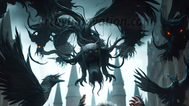 AI male art photos with a fantastical atmosphere. Imagine a Hogwarts School of Witchcraft student, from the Harry Potter series, a handsome, beautiful, and attractive, shirtless young teenage boy, standing firm against a threat. With a detailed Hogwarts castle background, casting a powerful spell, conjuring creatures based on their assigned house crest. From Demonic snakes, powerful lions, fierce badgers, or a murder of Crows. Dementors floating ominously in a cloudy sky, and sparks, shadows, and cinematic lighting, offering an otherworldly vibe.